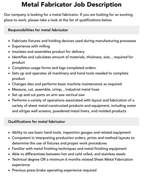 metal fabrication furniture making job description|structural steel fabricator job description.